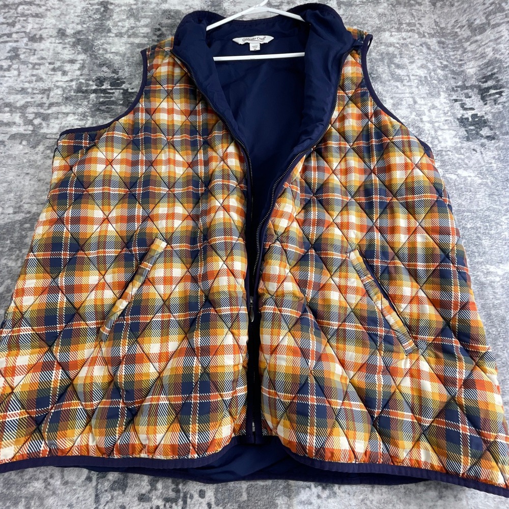 Coldwater Creek Vest Mens 2X Plaid Orange Yellow Navy Semi Puffer Full Zip